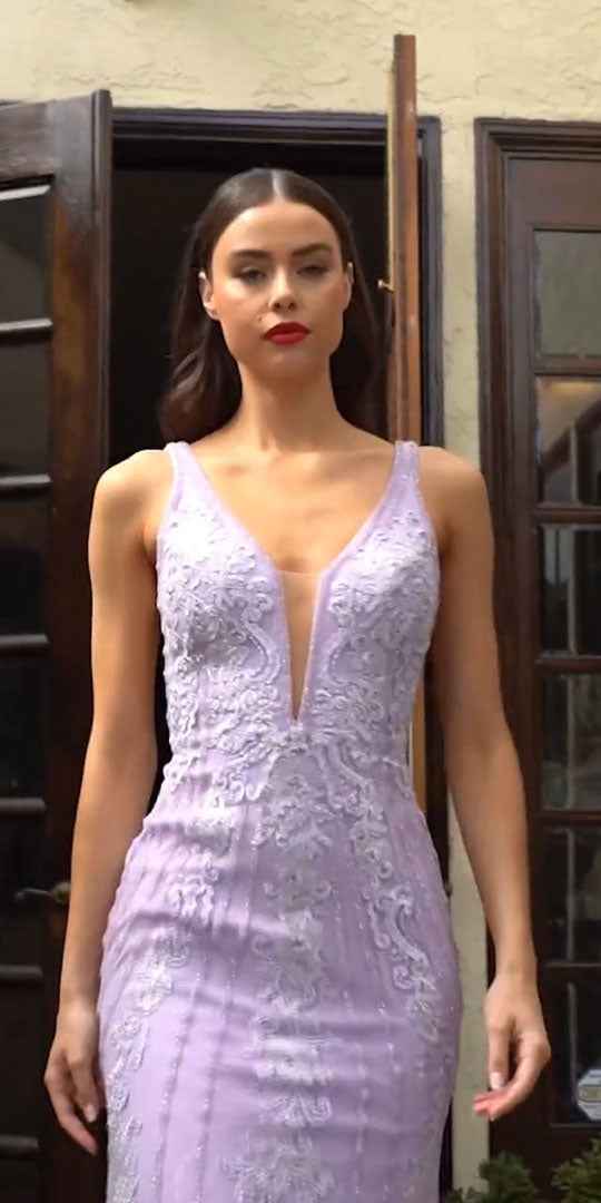 Cinderella Divine CD981 Long Pastel Column Beaded Lace Dress