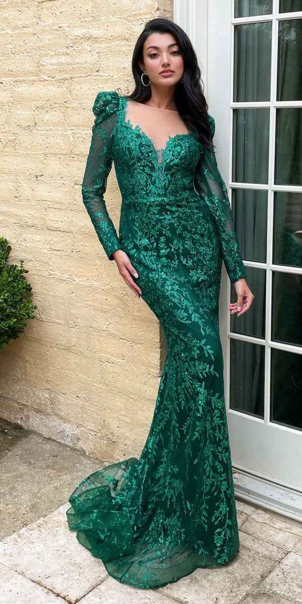 Ladivine CD989 Floor Length Glitter Print Dress with Long Sleeves