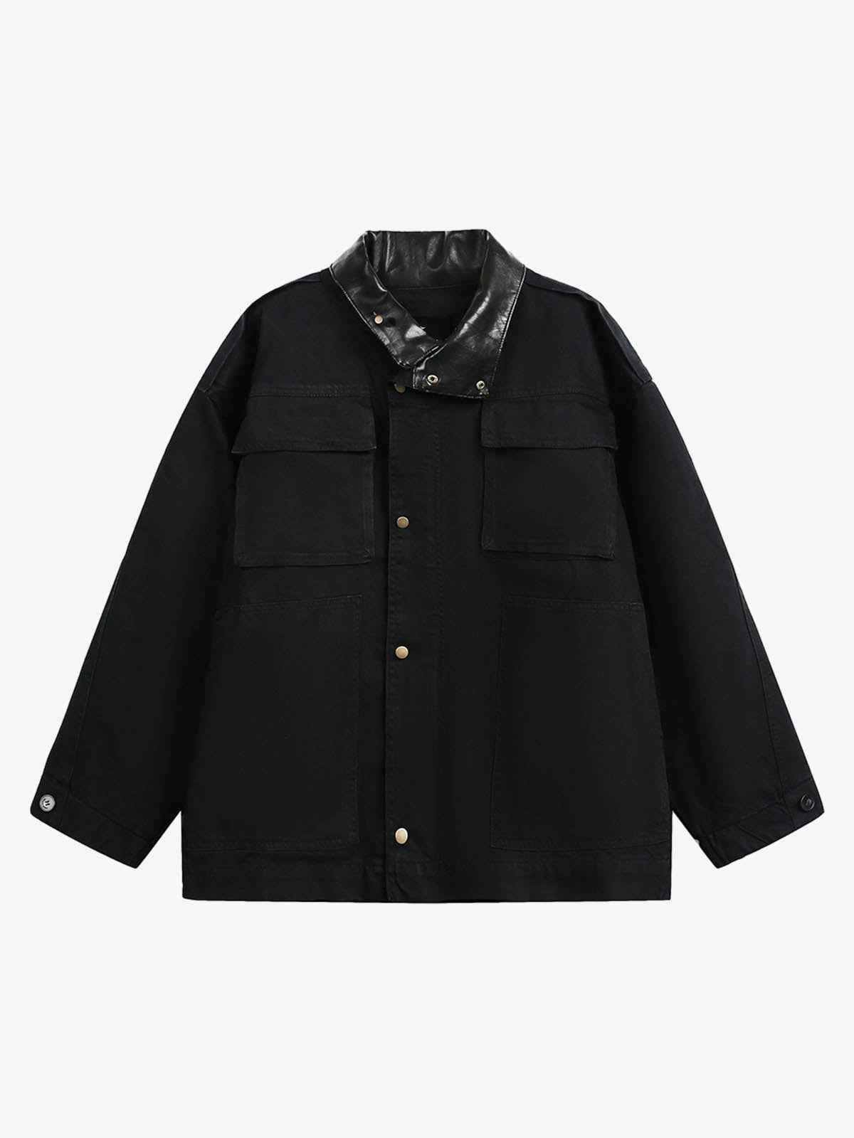 Leather Contrast Fold-Over Collar Multi Pocket Jacket