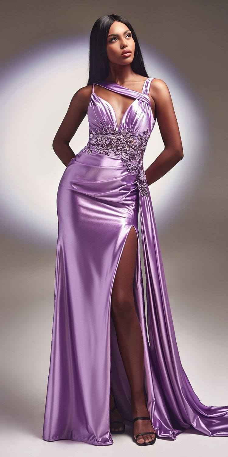 Cinderella Divine CDS415 Long Fitted Satin Gown with Lace Detail and Slit