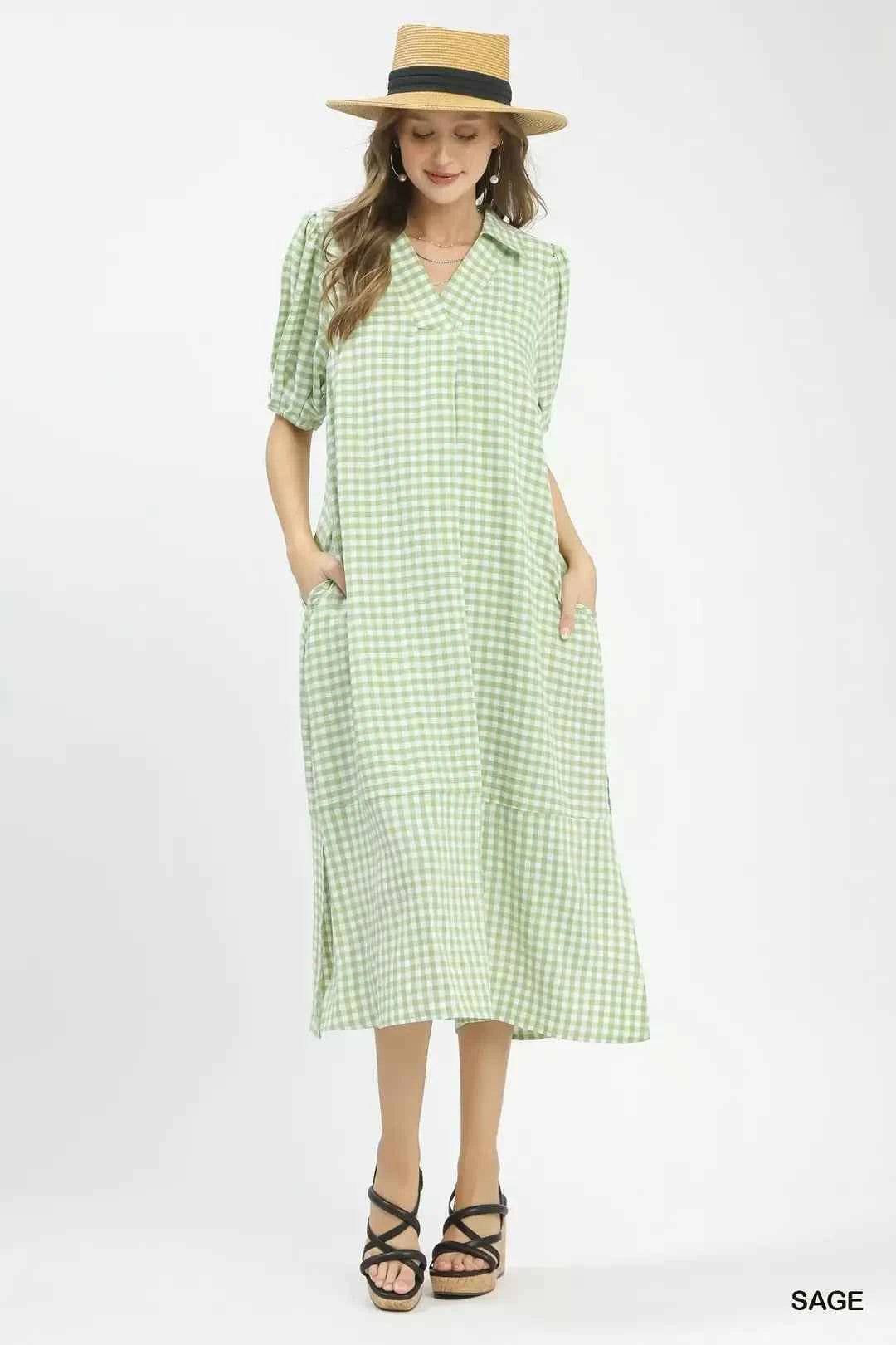 Umgee Gingham Midi Dress with Side Pockets