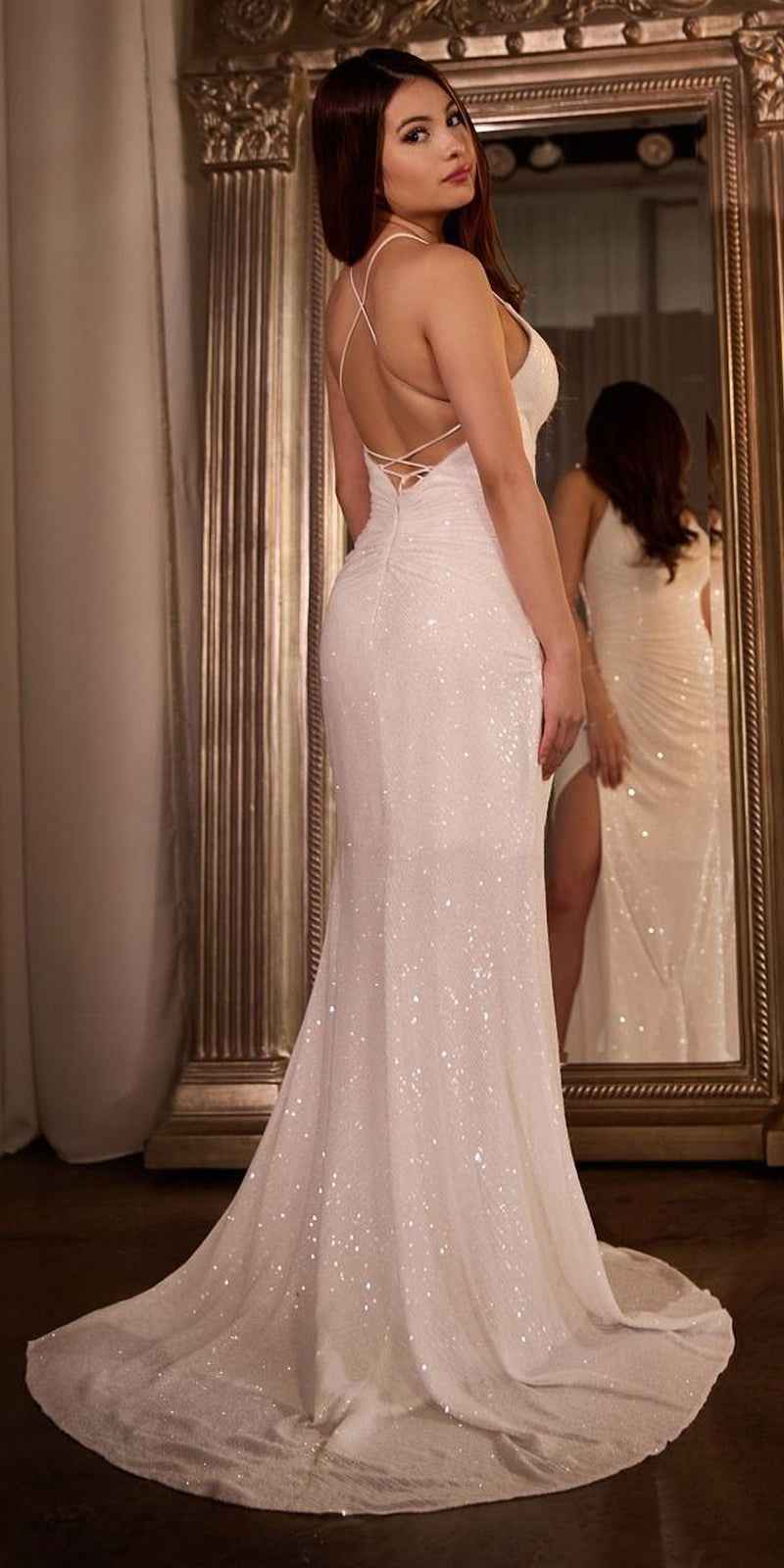 Ladivine CH225W Long Fitted Sequin Gown Gathered Waistline