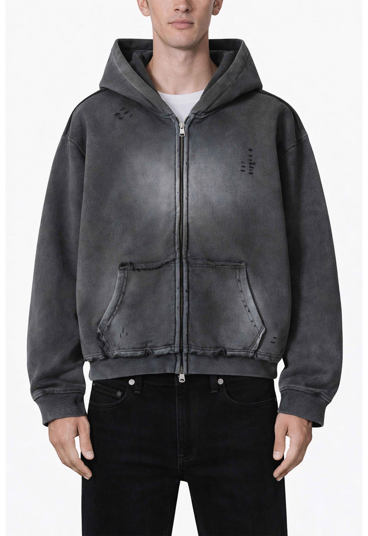 CHARCOAL DISTRESSED ZIP HOODIE