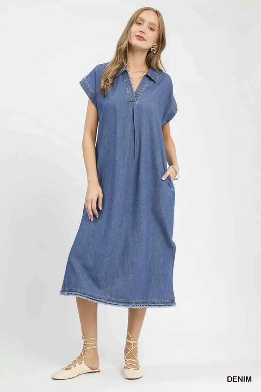 Umgee Stone Washed Collared Denim Midi Dress