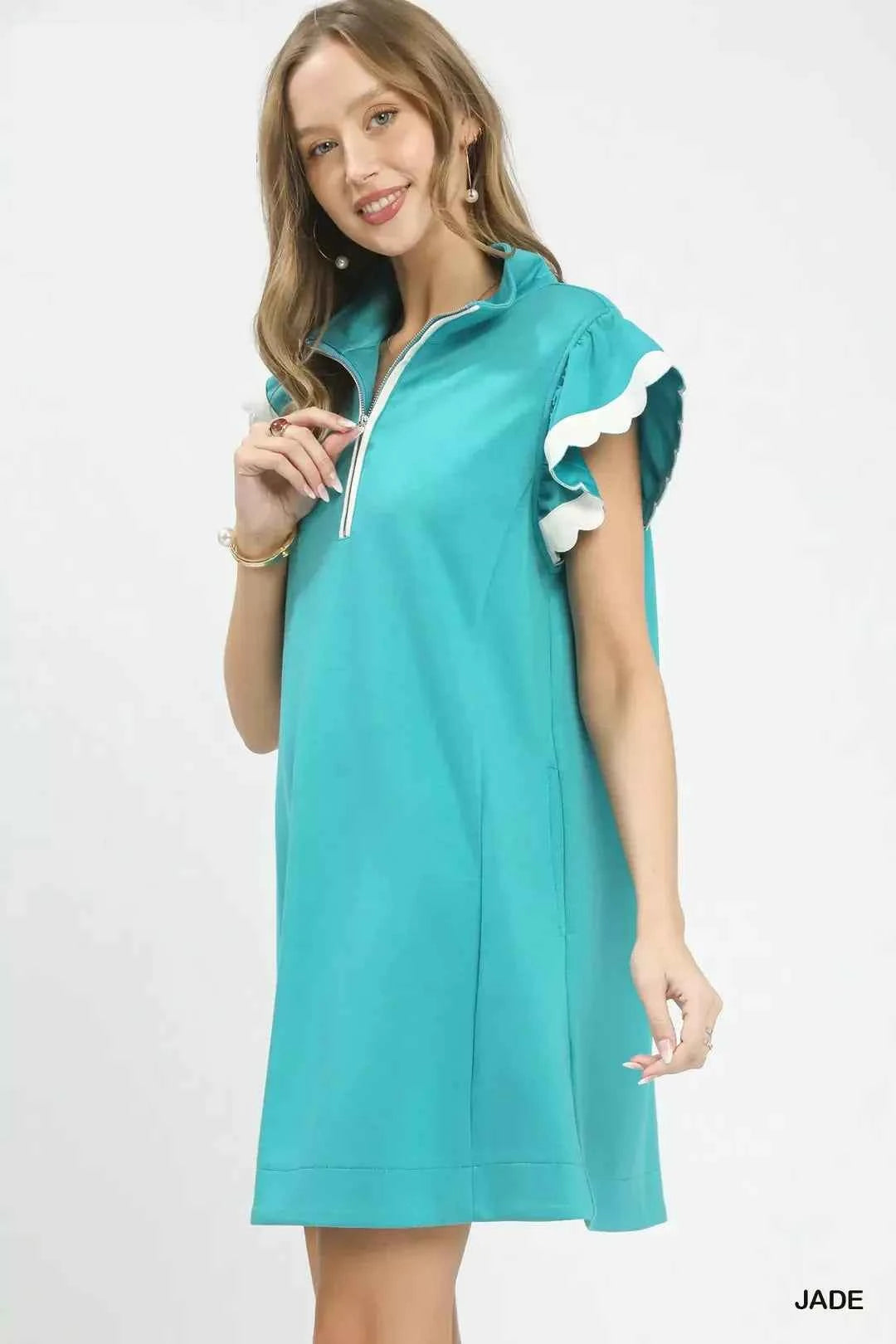 Umgee Zip-Neck Flutter Sleeve Dress