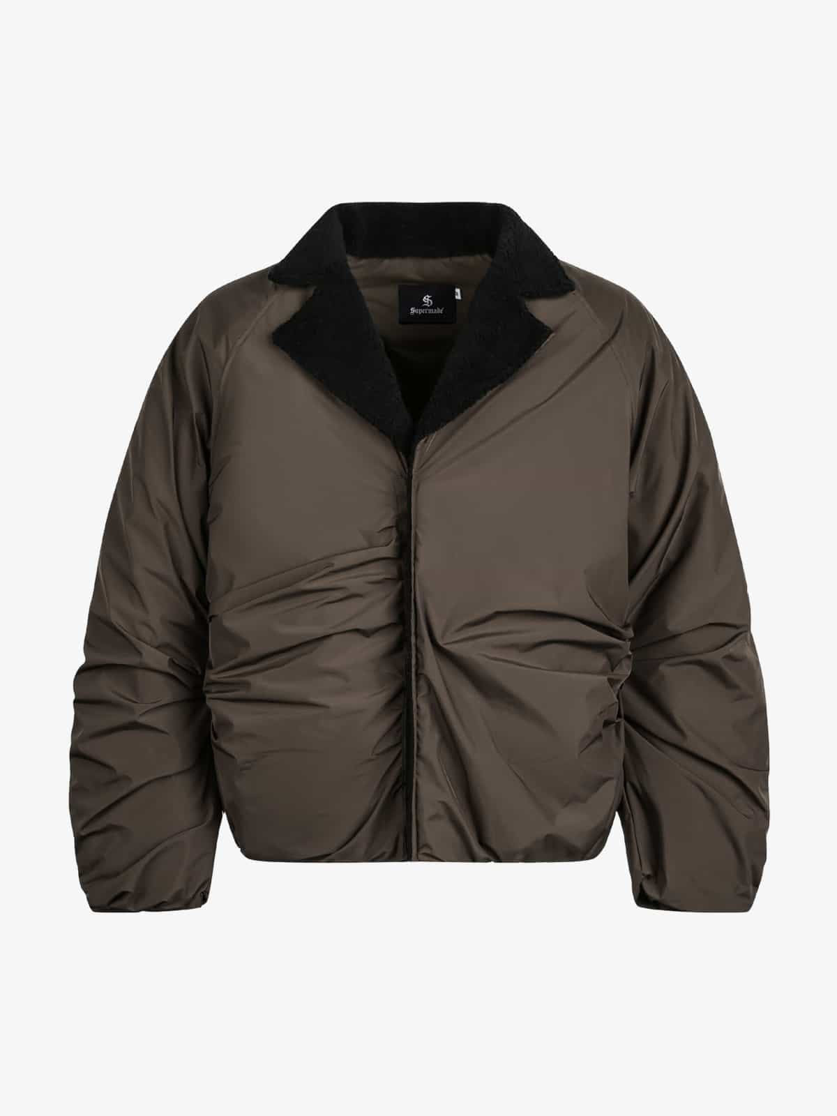 Vintage Fleece Collar Ruched Padded Bomber Jacket - Luxuryurbanwear