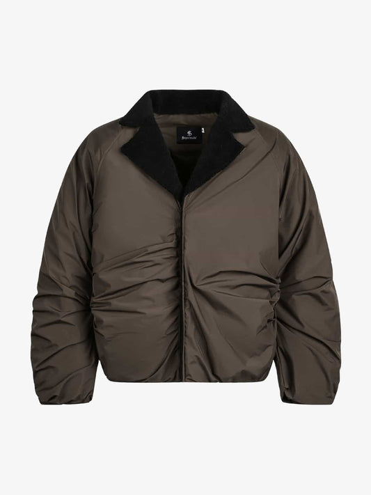 Vintage Fleece Collar Ruched Padded Bomber Jacket - Luxuryurbanwear