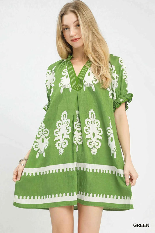 Umgee Two Tone Border Print Mini Dress