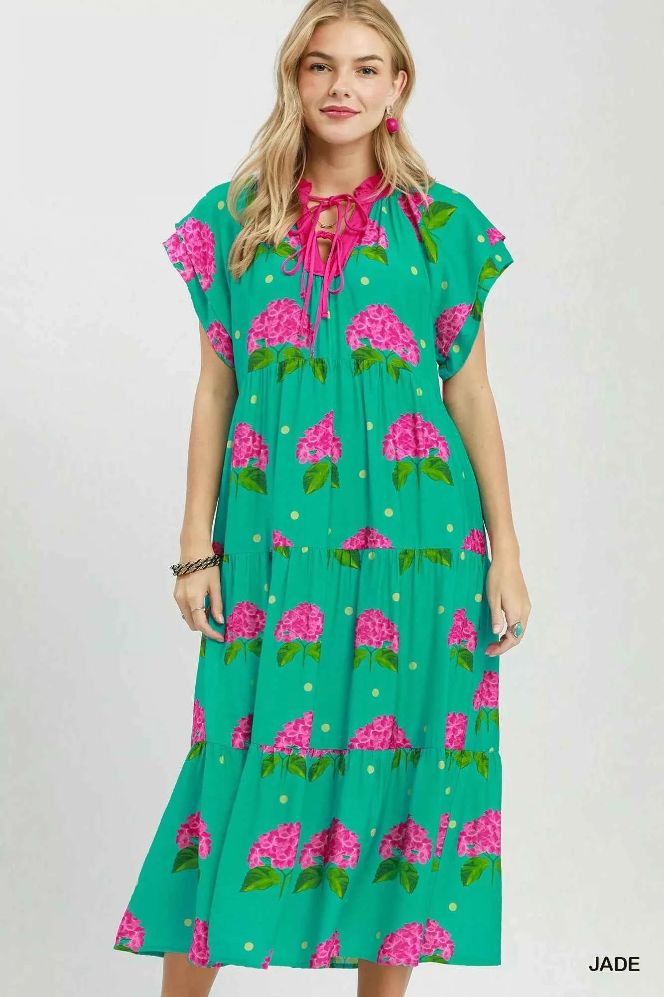 Umgee Hydrangea Print Tiered Midi Dress