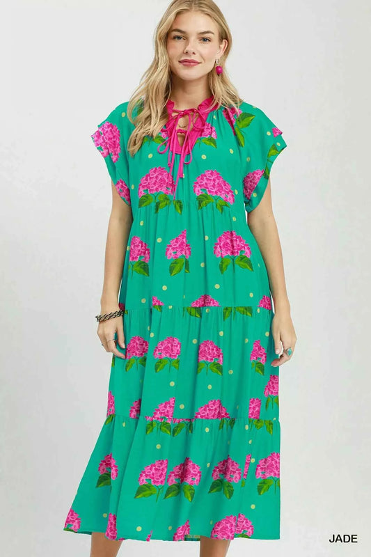 Umgee Hydrangea Print Tiered Midi Dress