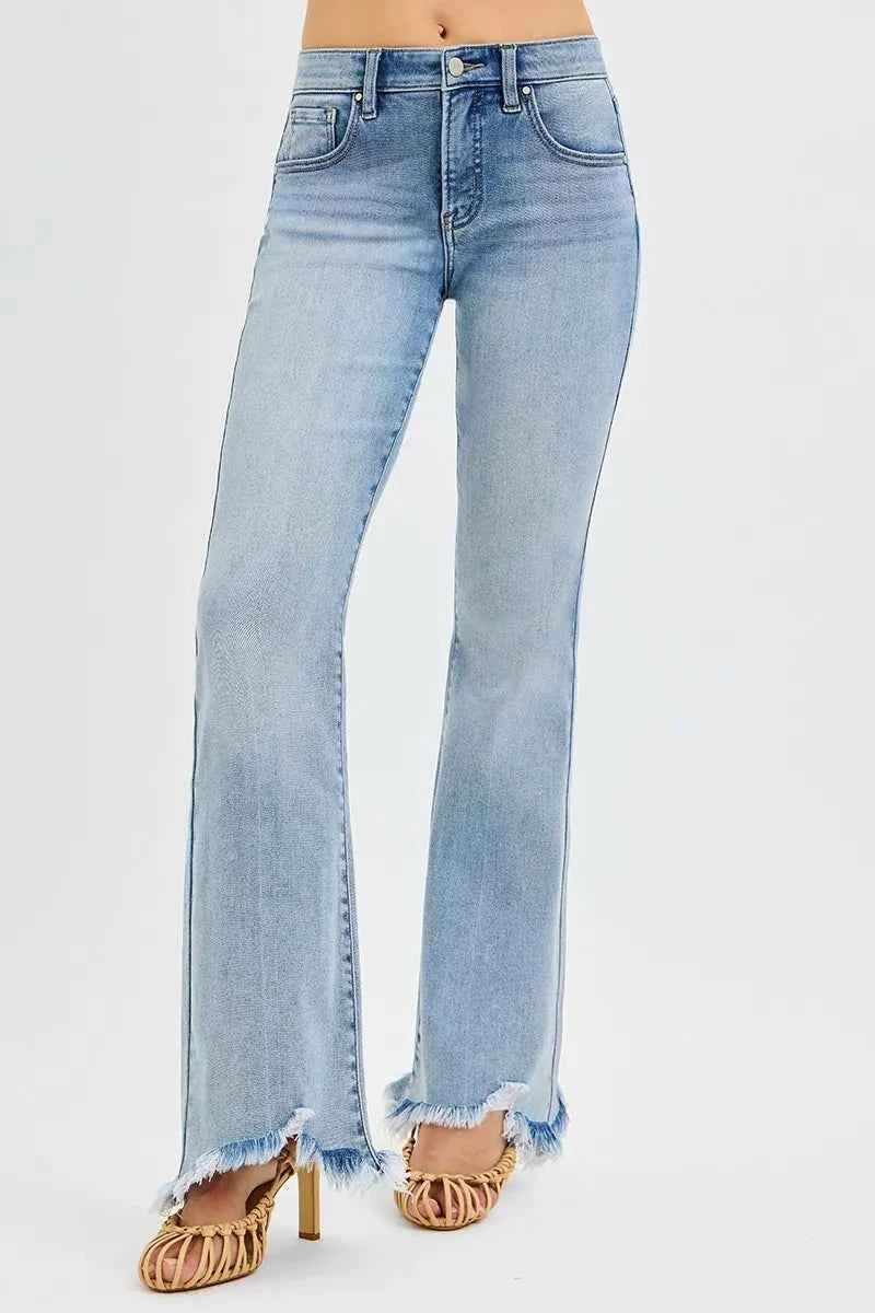RISEN Full Size Tummy Control Mid Rise Flare Jeans with Fray Hem Detailed Plus Size