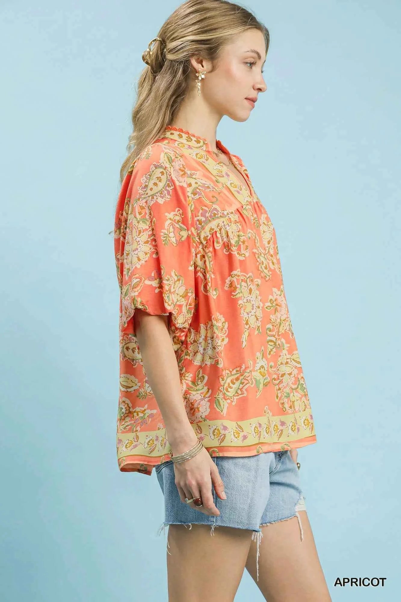 Umgee Apricot Floral Boho Blouse
