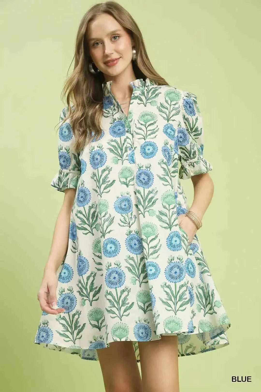 Umgee Floral Puff Sleeve Babydoll Dress with Side Pockets