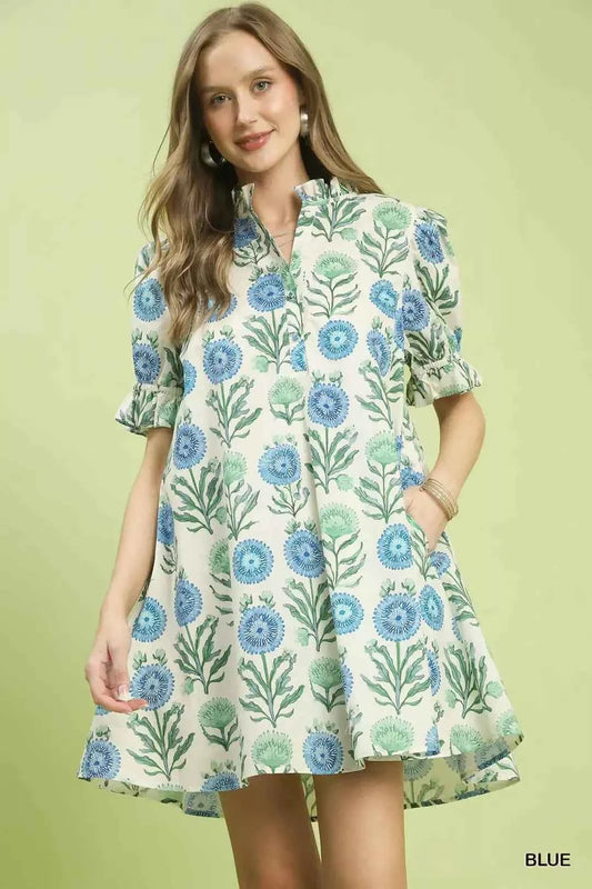 Umgee Floral Puff Sleeve Babydoll Dress with Side Pockets