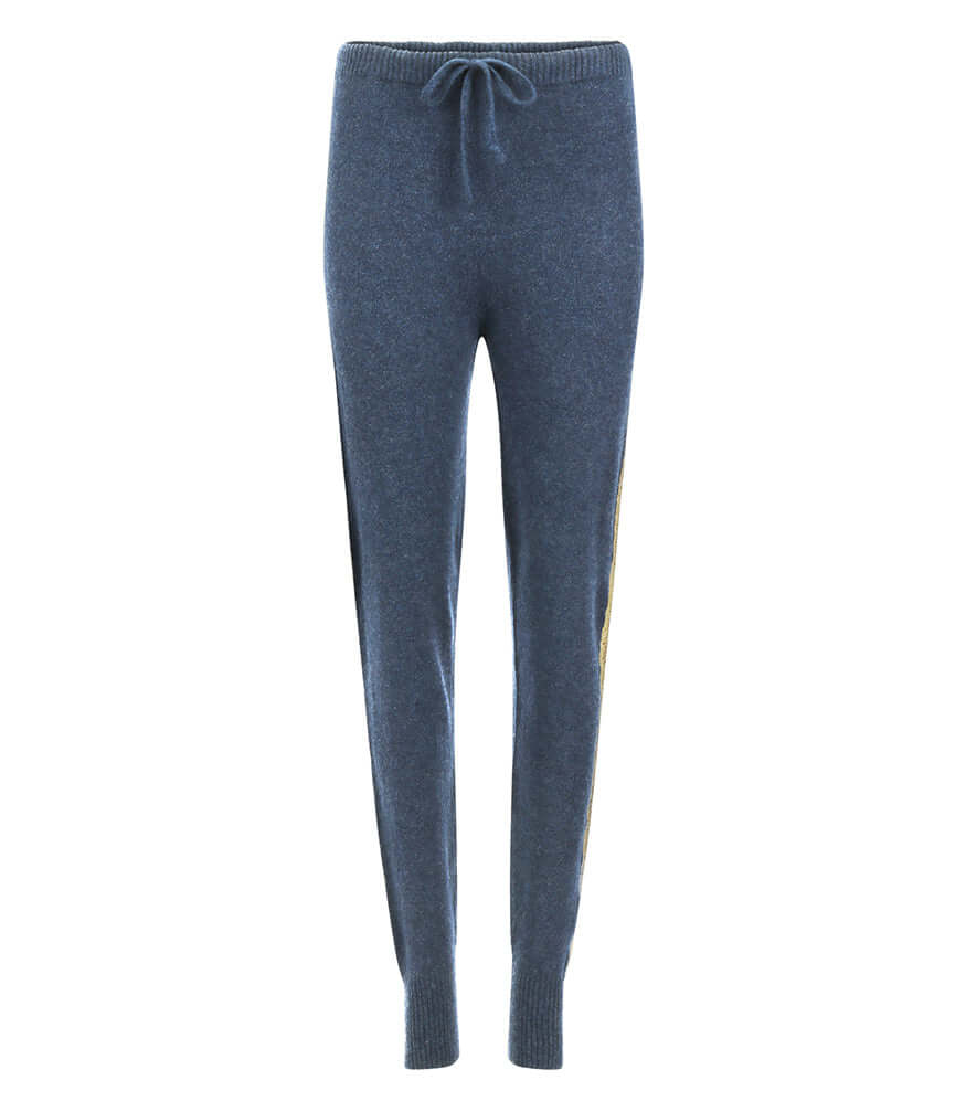 Denim Cashmere Sweat Pants W/ Gold Laminated Bands - JUSTLUXURY