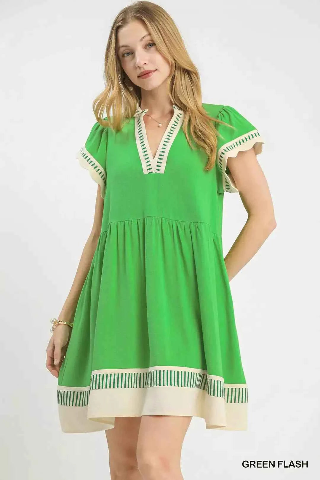 Umgee Linen Color Block Flutter Sleeve Dress
