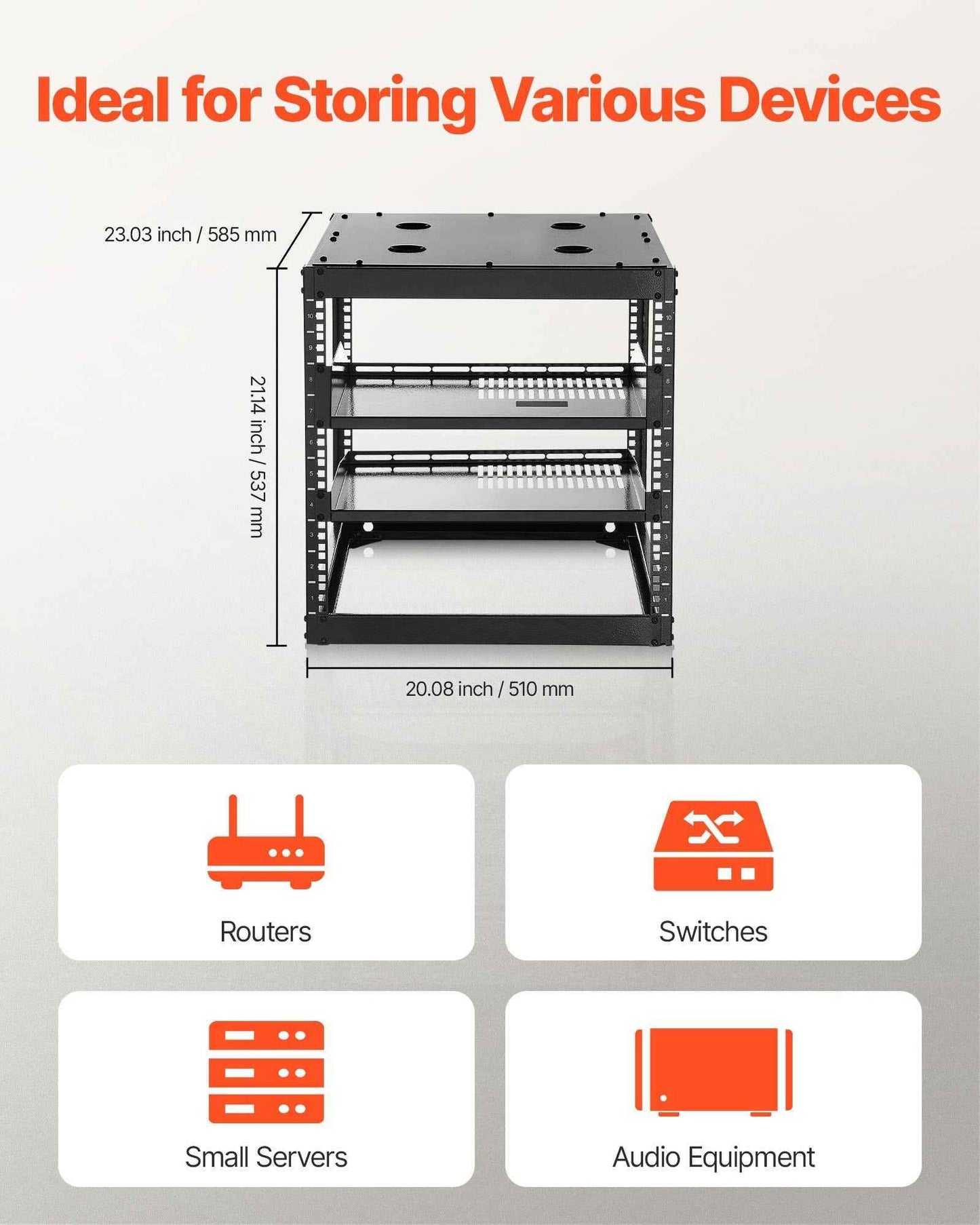10U Open Frame Network Rack, 23 in Depth, Wall Mounted or Floor Standing Server Rack, Heavy Duty 4 Post, with Vented Shelves & Mounting Hardware, Holds All Your Networking IT Equipment AV Gear