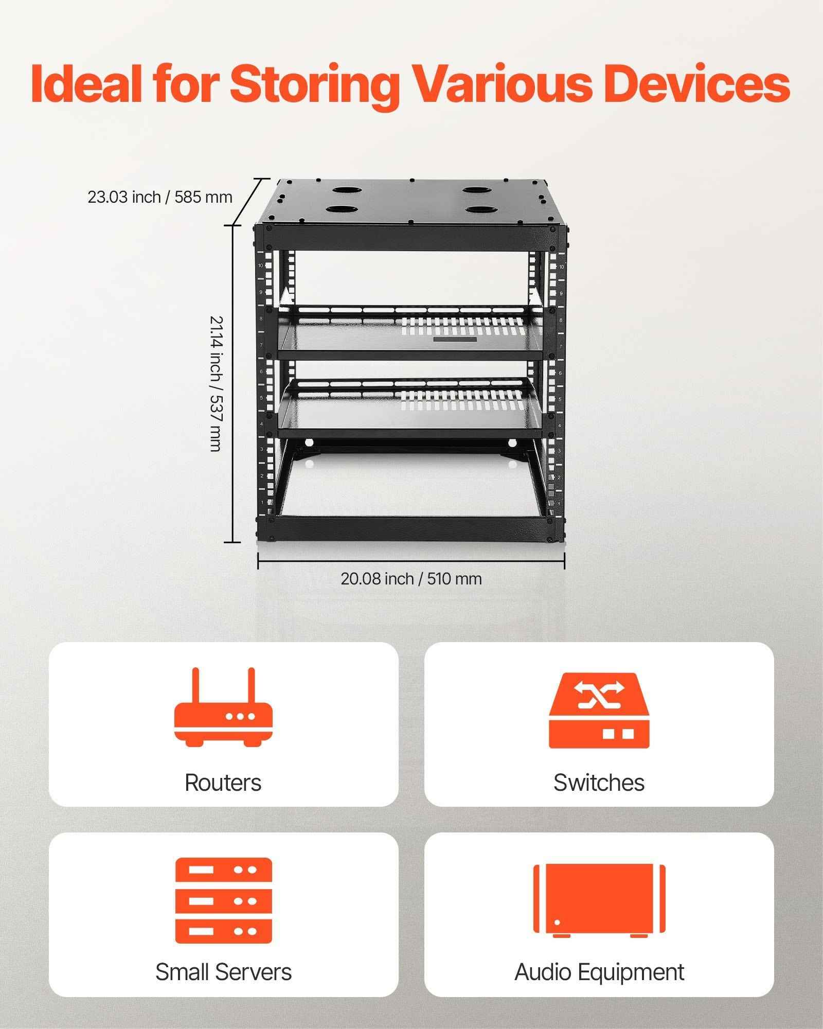 10U Open Frame Network Rack, 23 in Depth, Wall Mounted or Floor Standing Server Rack, Heavy Duty 4 Post, with Vented Shelves & Mounting Hardware, Holds All Your Networking IT Equipment AV Gear