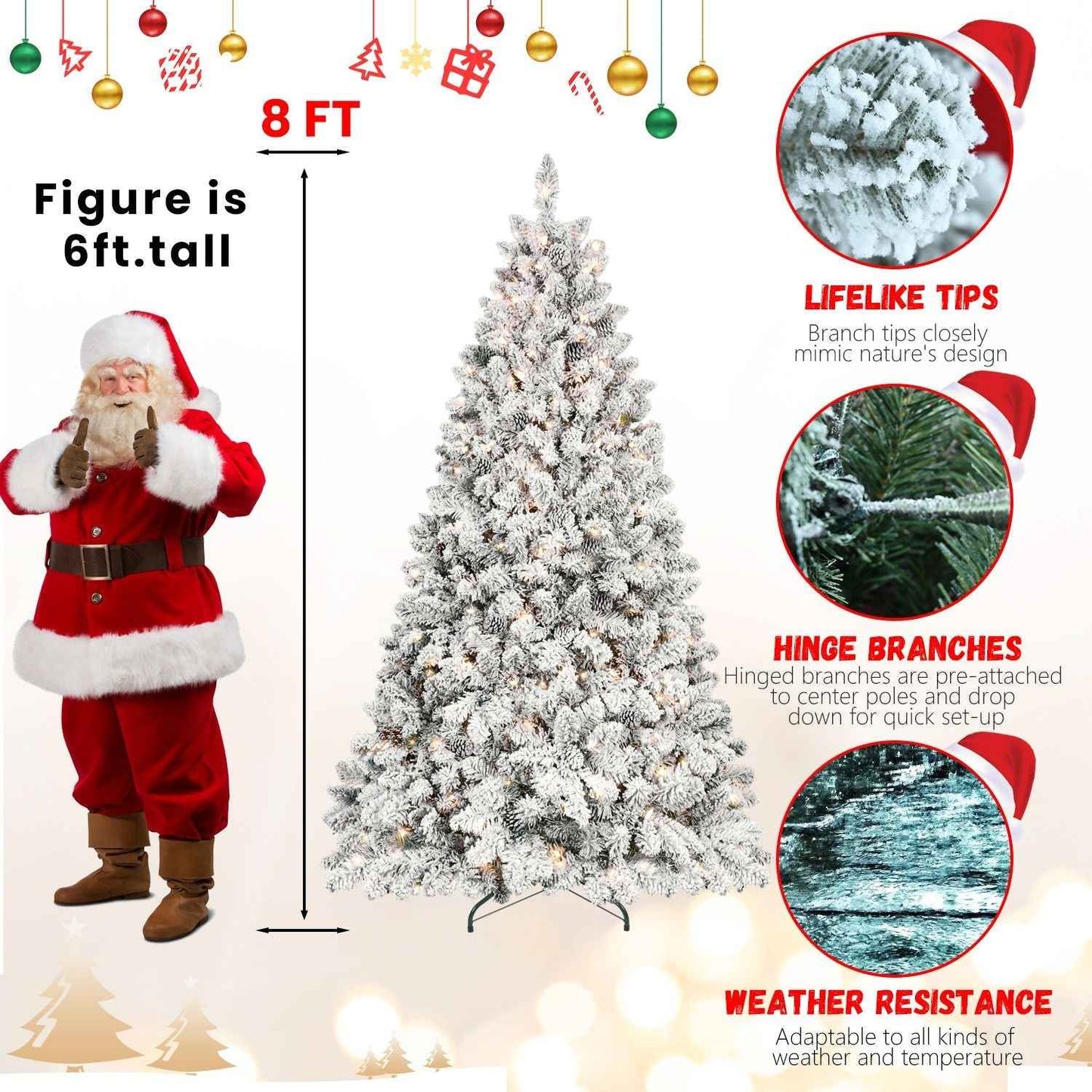 8ft Pre-lit Flocked Christmas Tree with 700 UL Lights & 54 Pine Cones & 1754 Tips Snow Frosted Artificial Xmas Tree