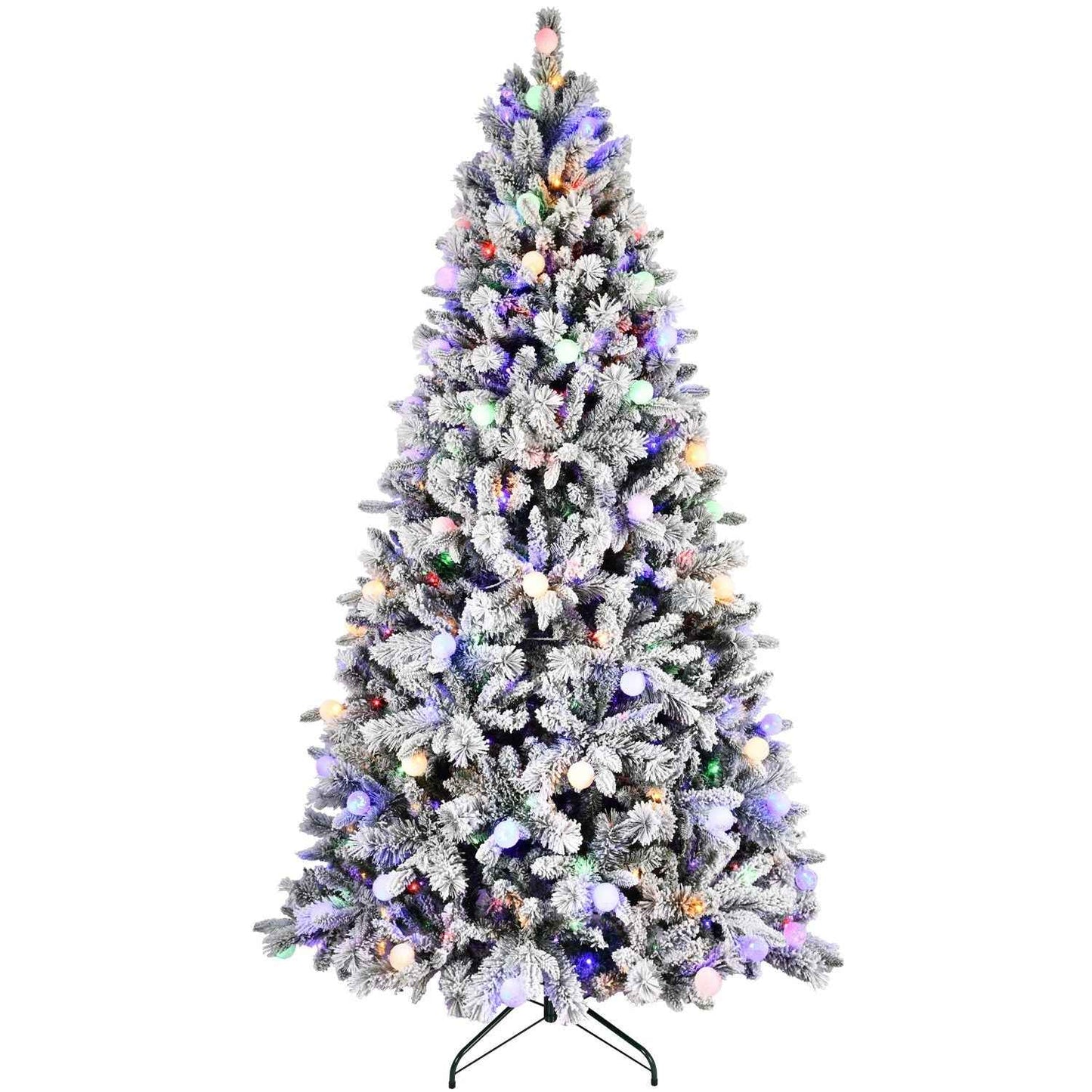7.5FT Prelit Artificial Flocked Christmas Tree with 400 Multi-Color LED Lights, Full Hinged Pine Xmas Tree with 1523 PE & PVC Mixed Branch Tips, Metal Stand and Hinged Branches, 10 Colors