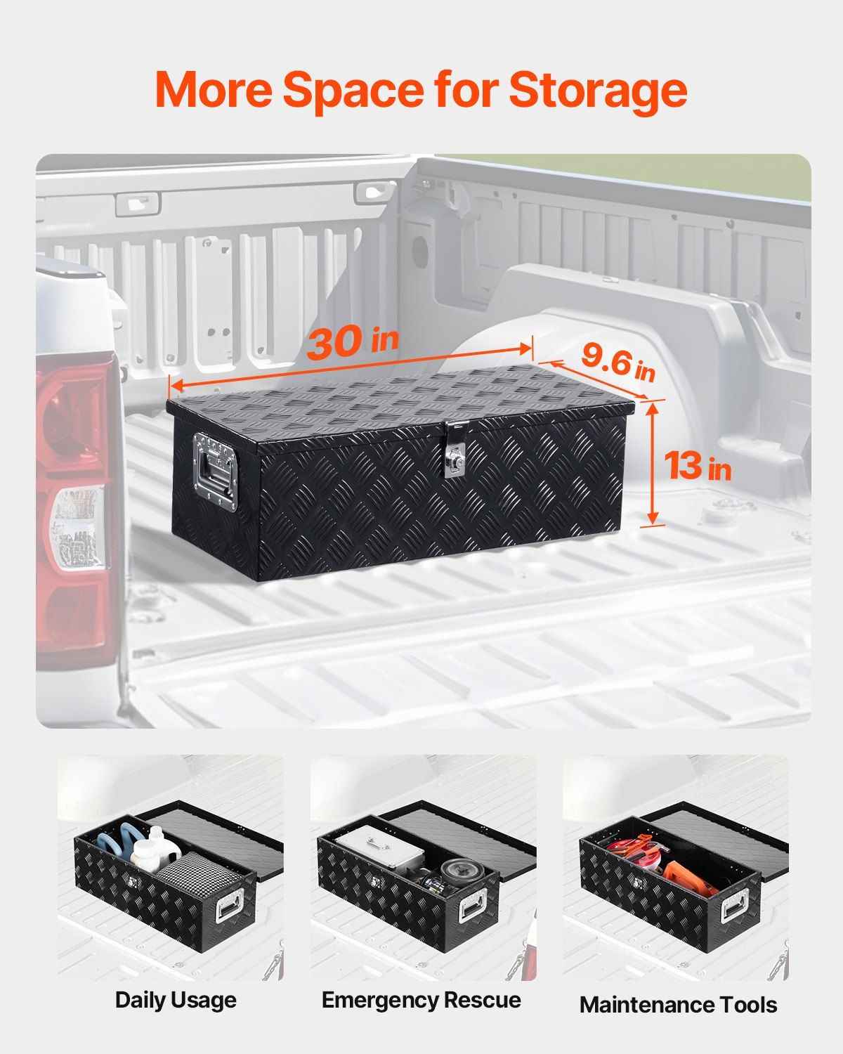 30"x13"x9.6" Heavy Duty Aluminum Truck Bed Tool Box for Pickup RV Black