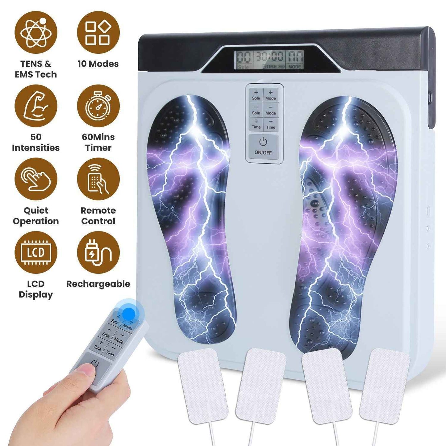 1Pc Rechargeable EMS Foot Massager for Neuropathy TENS Stimulator With 10Modes 50Intensities Remote Control For Muscle Relaxation Cramps Circulation Gift For Dad Mom