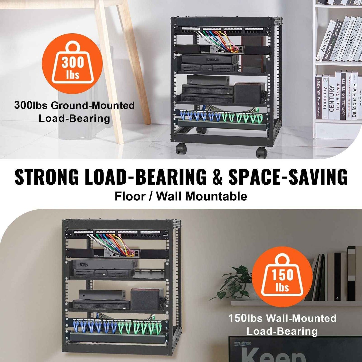 12U Open Frame Server Rack, 23-40 in Adjustable Depth, Free Standing or Wall Mount Network Server Rack, 4 Post AV Rack with Casters, Holds All Your Networking IT Equipment AV Gear Router Modem