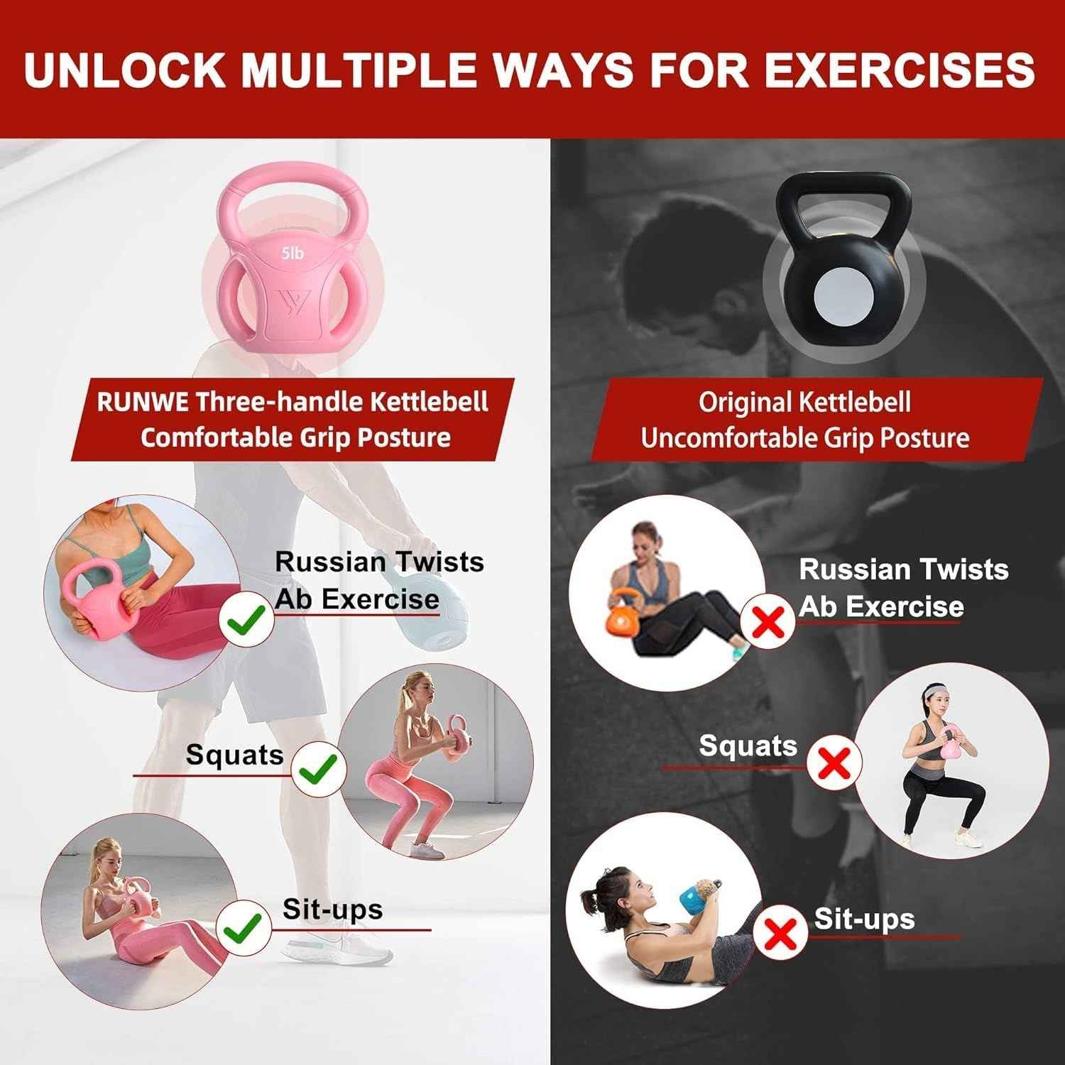 3 Handle Kettlebells Weight - Weight for Women Options 5, 10, 15 and 20 LB for Russian Twists AB Exercise, Weightlifting and Core Fitness Exercise Home Gym [Single in Sold]