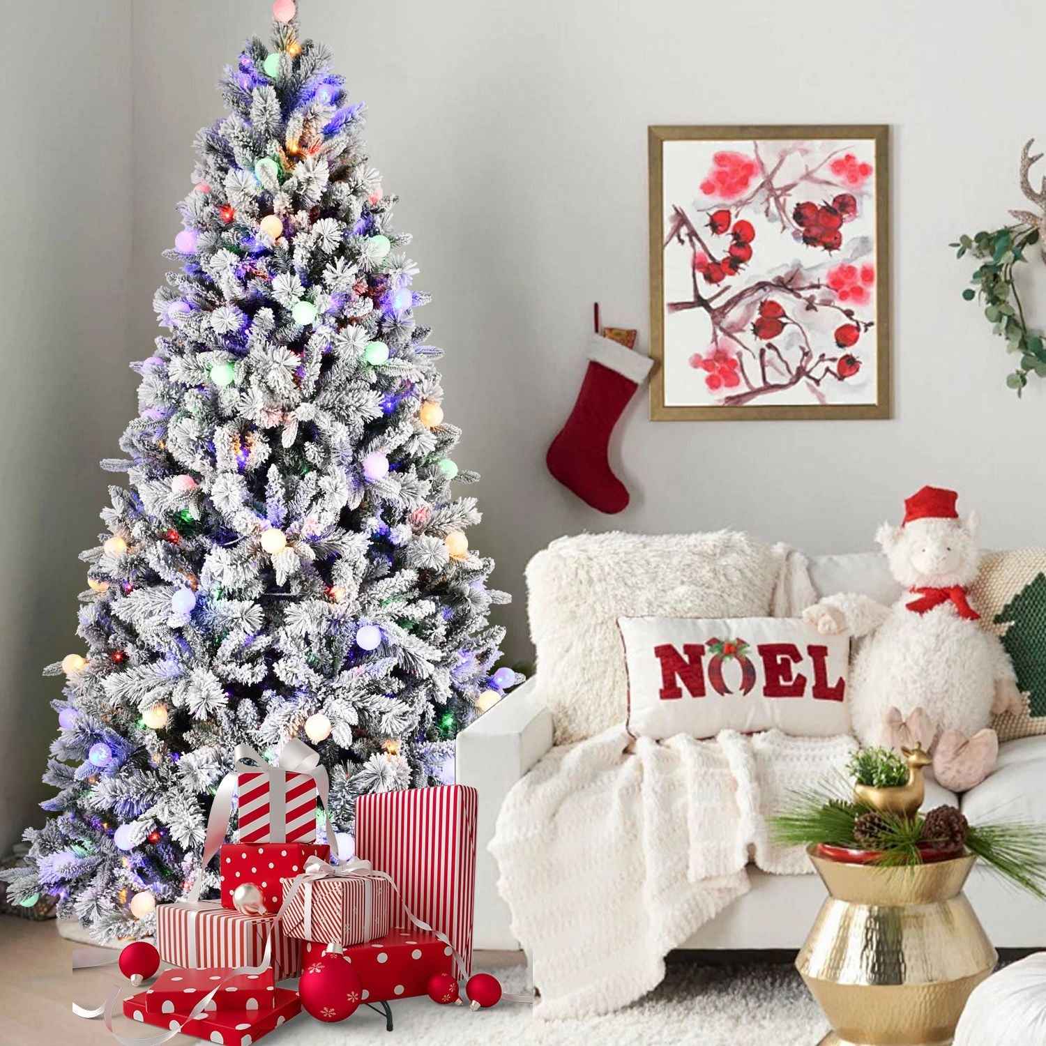 7.5FT Prelit Artificial Flocked Christmas Tree with 400 Multi-Color LED Lights, Full Hinged Pine Xmas Tree with 1523 PE & PVC Mixed Branch Tips, Metal Stand and Hinged Branches, 10 Colors
