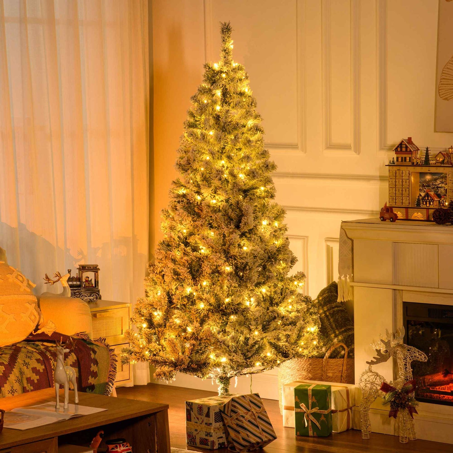 HOMCOM 6' Prelit Artificial Flocked Christmas Trees, with Snow Frosted Branches, Warm White LED Lights, Auto Open