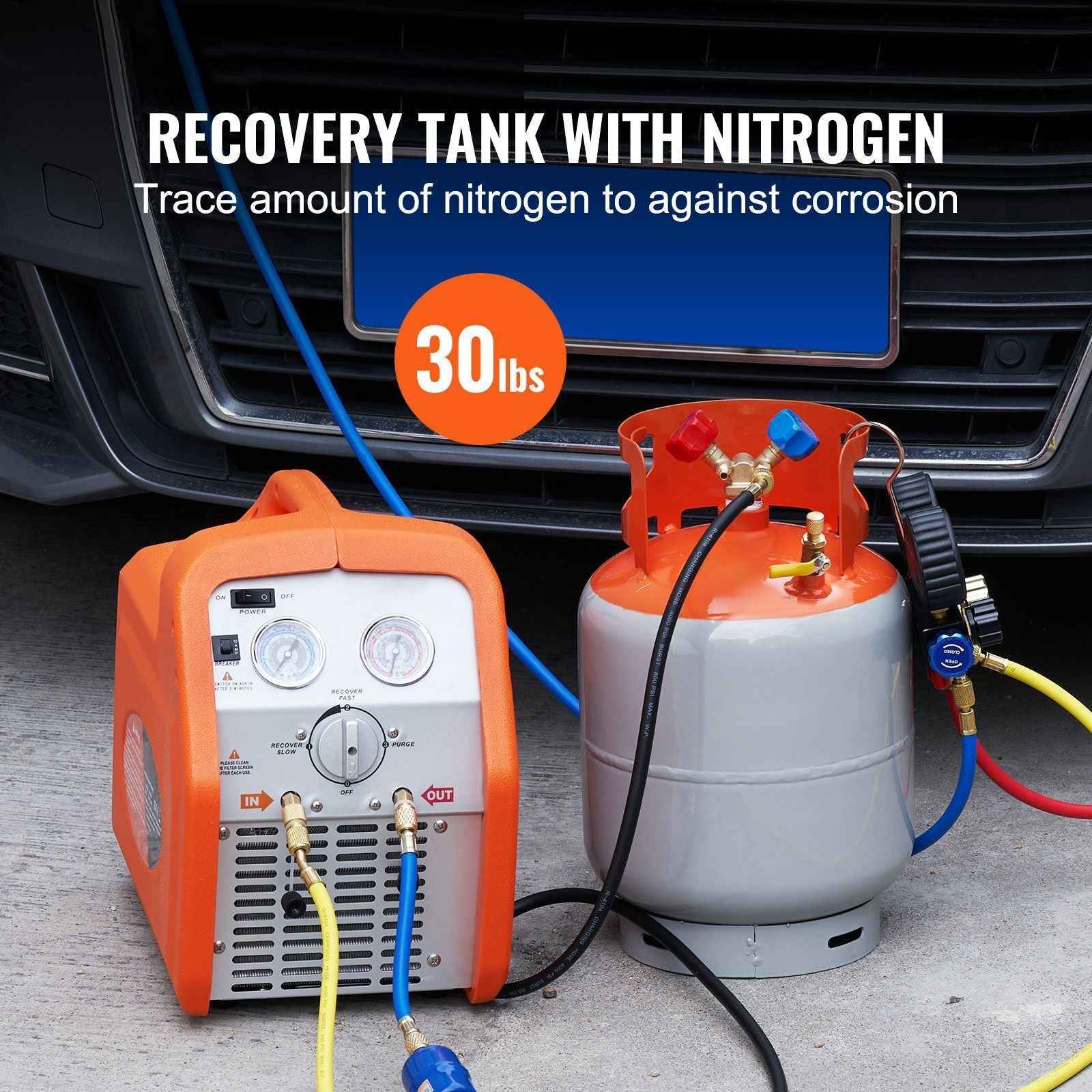 Refrigerant Recovery Tank, 30 LBS Capacity, 400 psi Portable Cylinder Tank with Y-Valve for Liquid/Vapor, High-sealing Recovery Can for R22/R134A/R410A, Orange+Gray