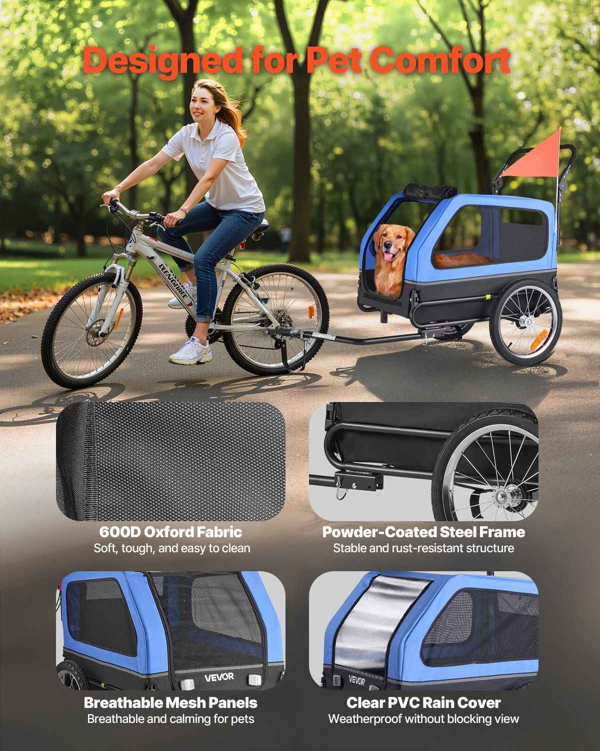 Dog Bike Trailer, Supports up to 88 lbs, 2-in-1 Pet Stroller Cart Bicycle Carrier for Small & Large Dogs, Easy Folding Frame with Quick Release Wheel, Universal Bicycle Coupler, Internal Leash