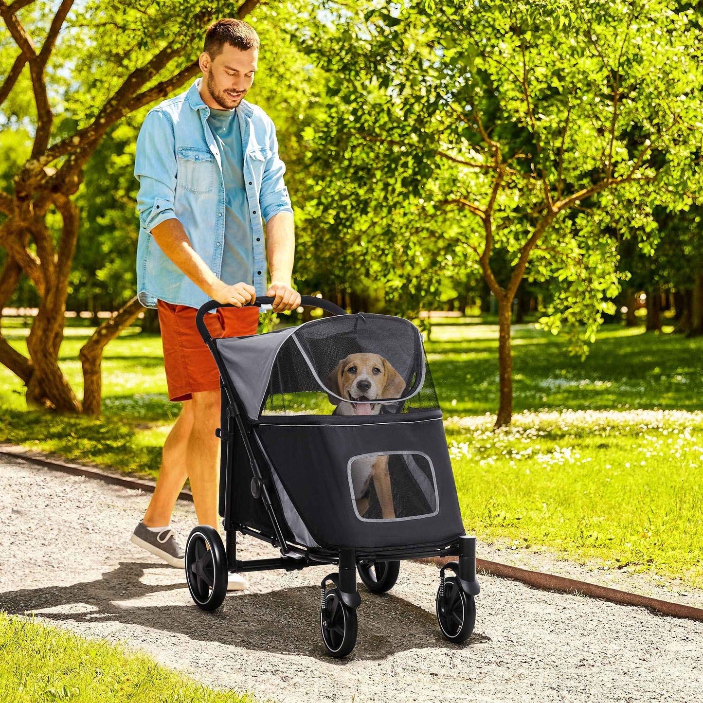 PawHut Pet Stroller Dog Cat Carriage One Click Fold with Universal Front Wheels Shock Absorber Brakes Storage Bags Mesh Window