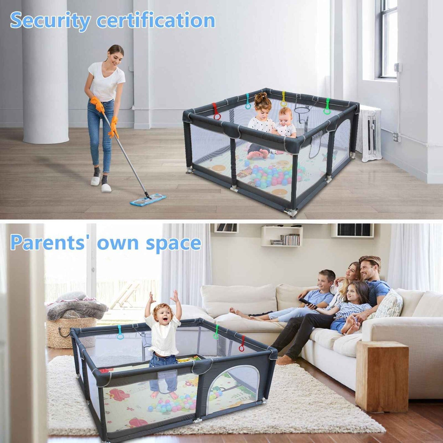 47"*47" Outdoor Fences Baby Playard Cloth Playpen Removable Enclosures for Indoor and Outdoor Use Care for Children and Pets With Playen Foldable Playmat Ocen Balls Handholds Basketball Hoop