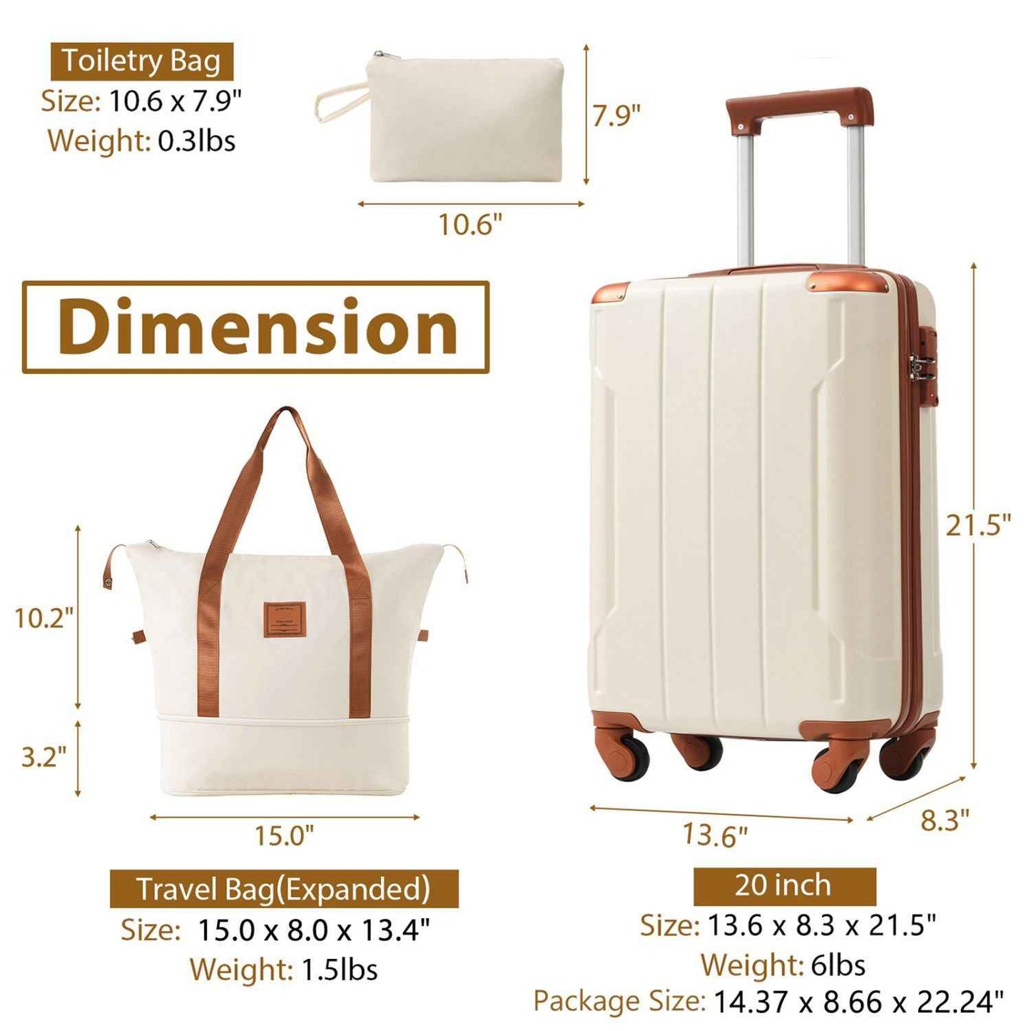 20 Inch Carry On Luggage Set 3 Piece with Spinner Wheels, Lightweight Hardshell ABS Suitcase for Weedend Getaways, Business Travel, White Brown