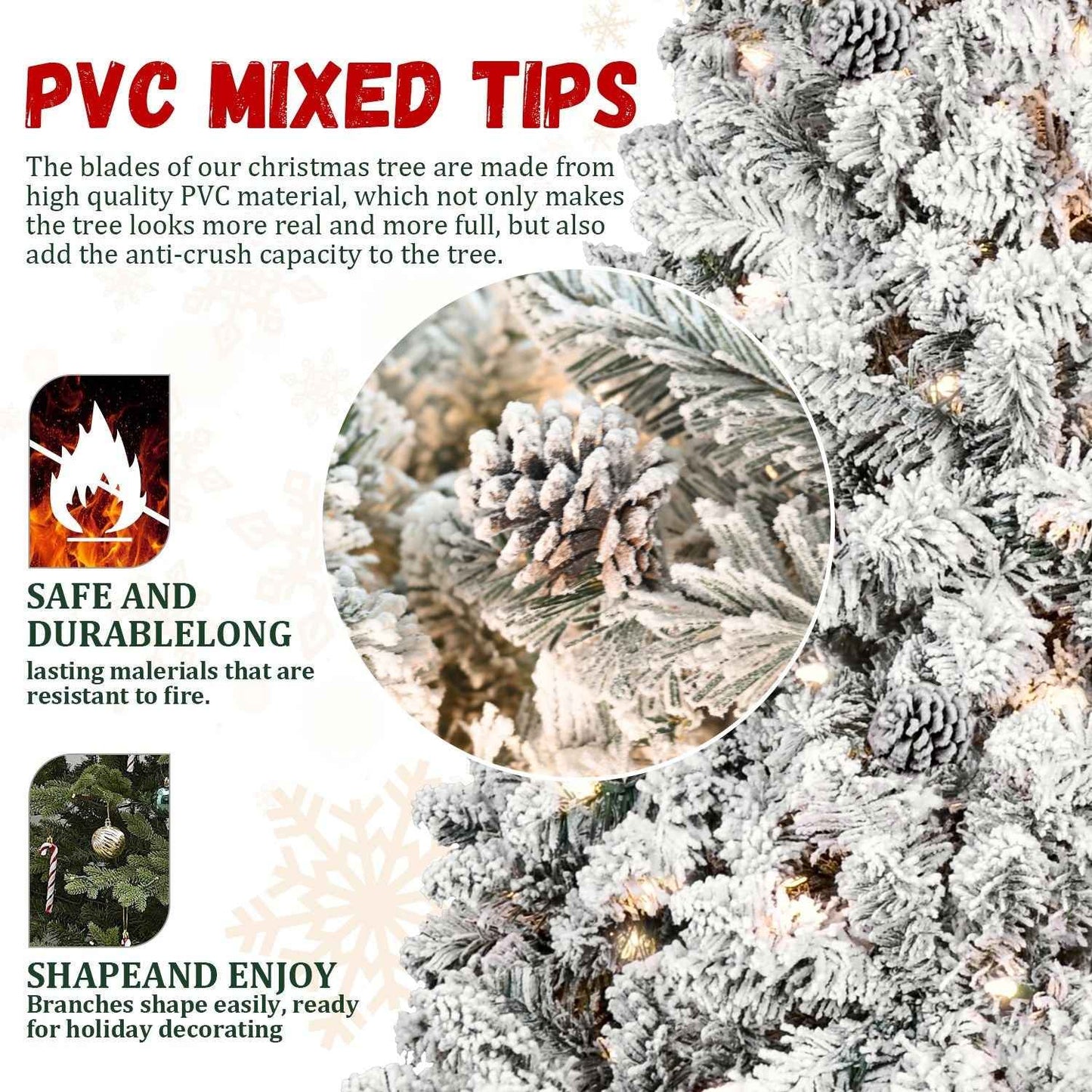 8ft Pre-lit Flocked Christmas Tree with 700 UL Lights & 54 Pine Cones & 1754 Tips Snow Frosted Artificial Xmas Tree