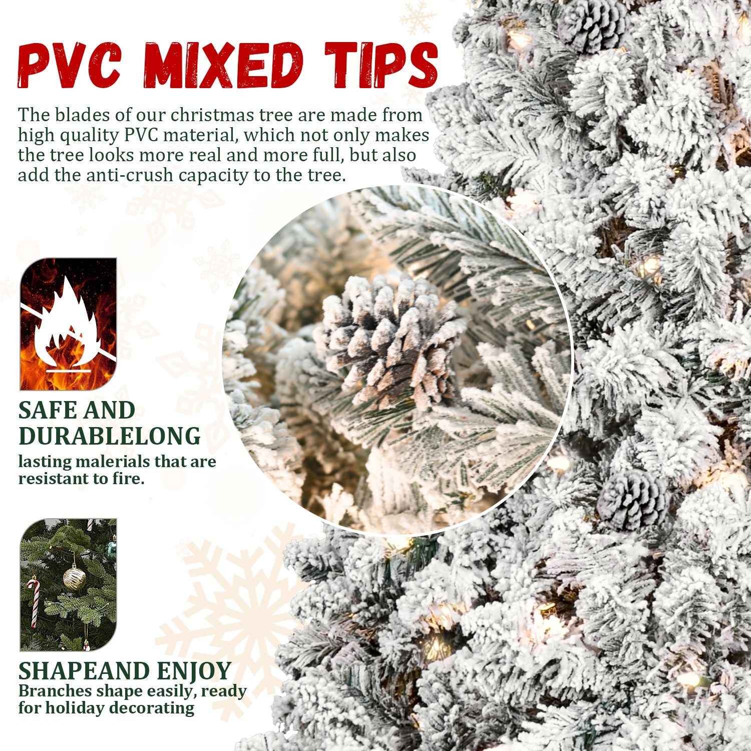 8ft Pre-lit Flocked Christmas Tree with 700 UL Lights & 54 Pine Cones & 1754 Tips Snow Frosted Artificial Xmas Tree