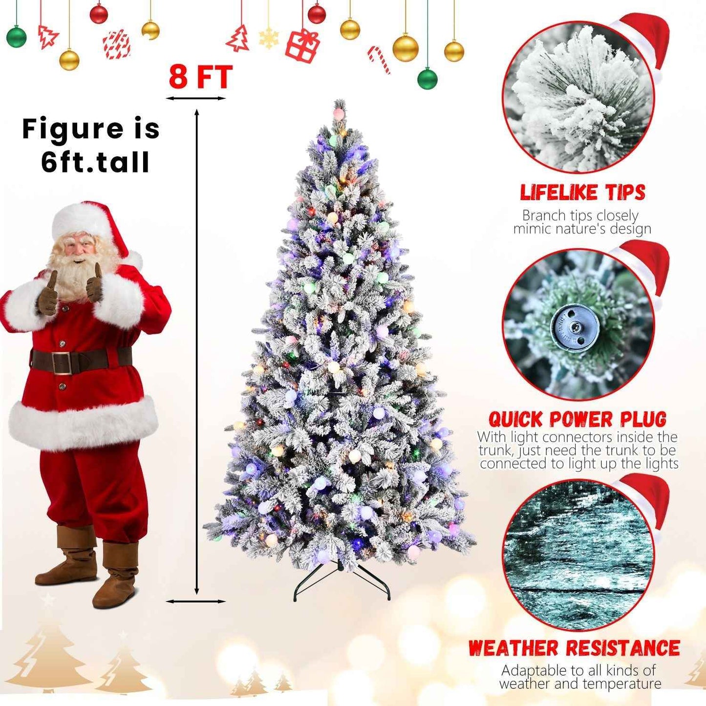 7.5FT Prelit Artificial Flocked Christmas Tree with 400 Multi-Color LED Lights, Full Hinged Pine Xmas Tree with 1523 PE & PVC Mixed Branch Tips, Metal Stand and Hinged Branches, 10 Colors