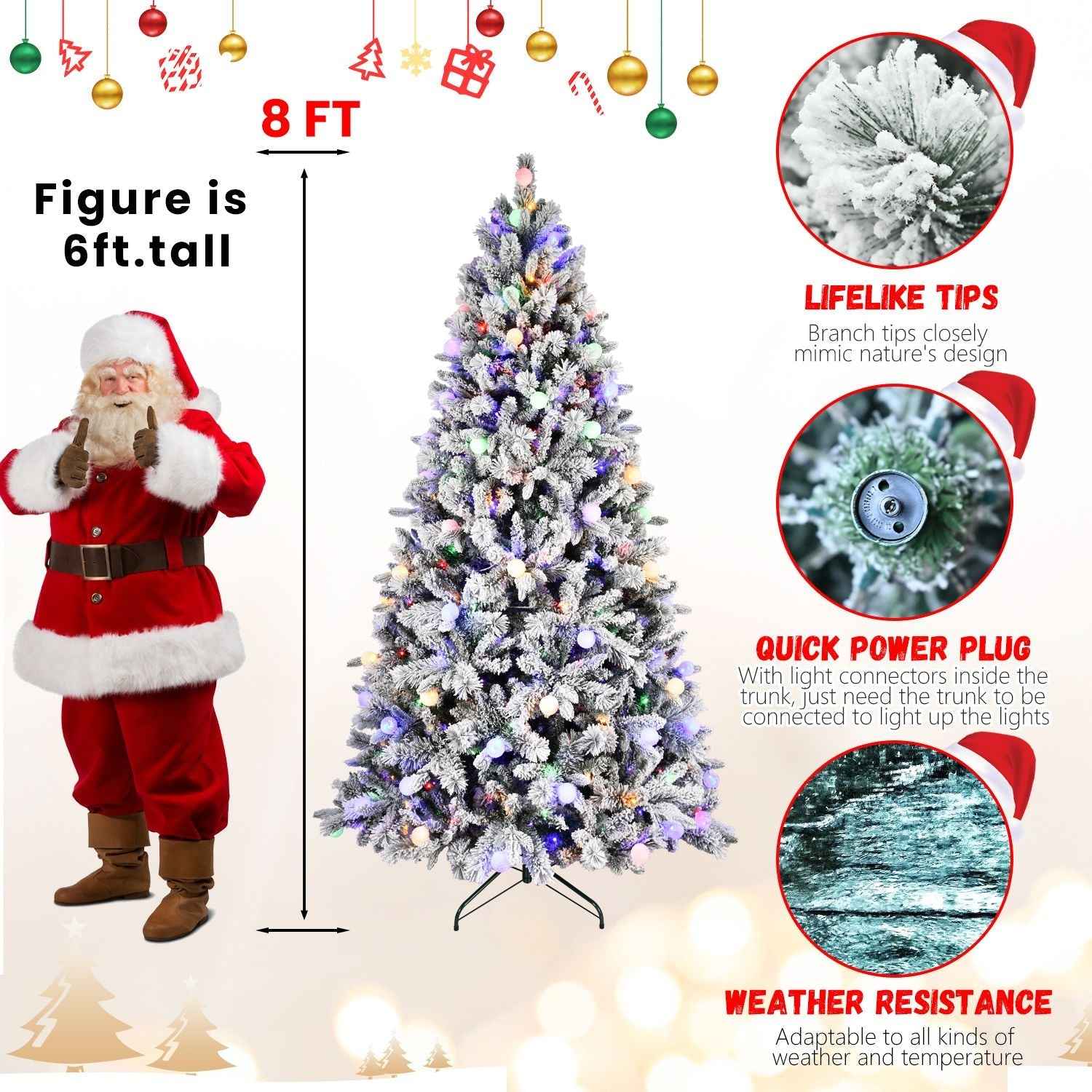 7.5FT Prelit Artificial Flocked Christmas Tree with 400 Multi-Color LED Lights, Full Hinged Pine Xmas Tree with 1523 PE & PVC Mixed Branch Tips, Metal Stand and Hinged Branches, 10 Colors