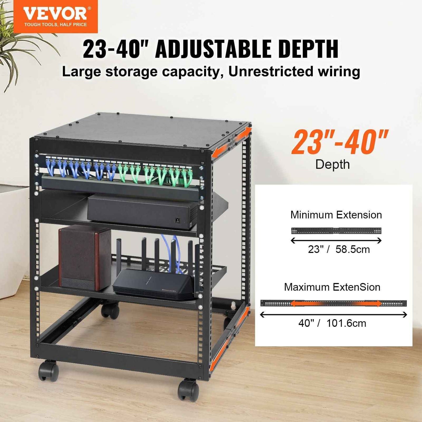 12U Open Frame Server Rack, 23-40 in Adjustable Depth, Free Standing or Wall Mount Network Server Rack, 4 Post AV Rack with Casters, Holds All Your Networking IT Equipment AV Gear Router Modem