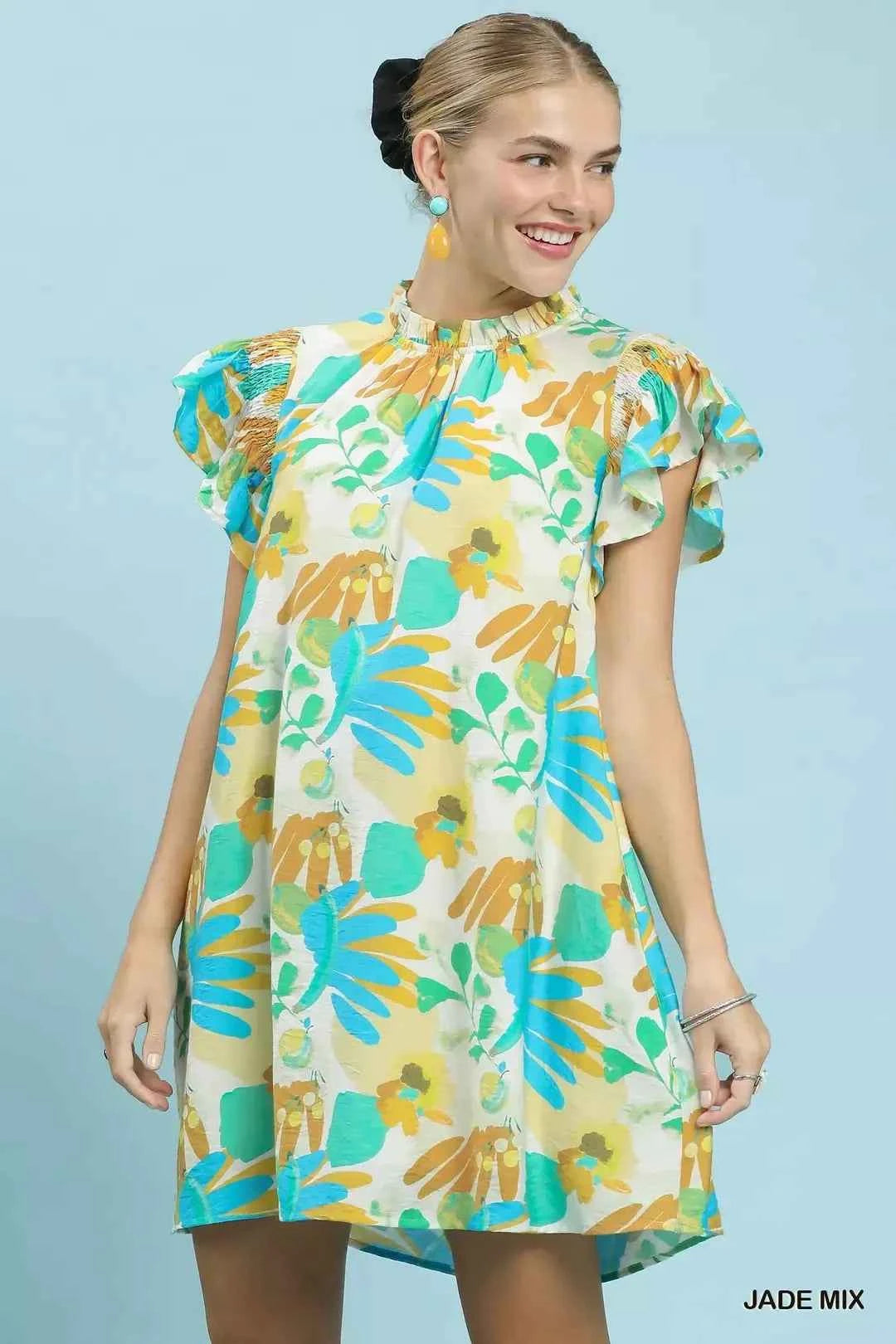 Umgee Ruffled Botanical Print Mini Dress