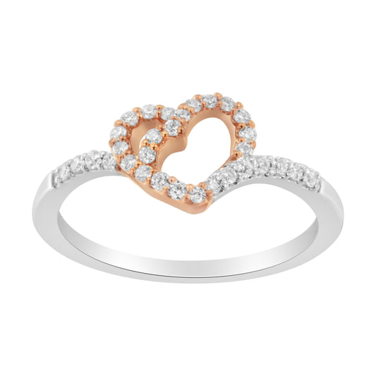 10K Rose Gold over .925 Sterling Silver 1/5 Cttw Diamond Two Tone Open Heart Promise or Fashion Ring