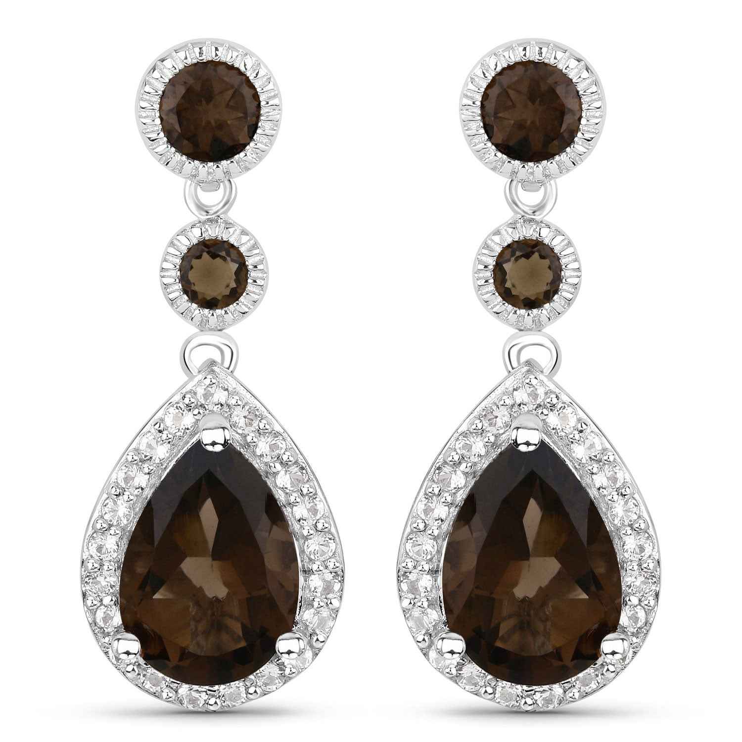 7.34 Carat Genuine Smoky Quartz and White Topaz .925 Sterling Silver Earrings