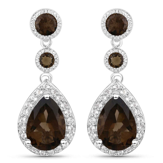 7.34 Carat Genuine Smoky Quartz and White Topaz .925 Sterling Silver Earrings