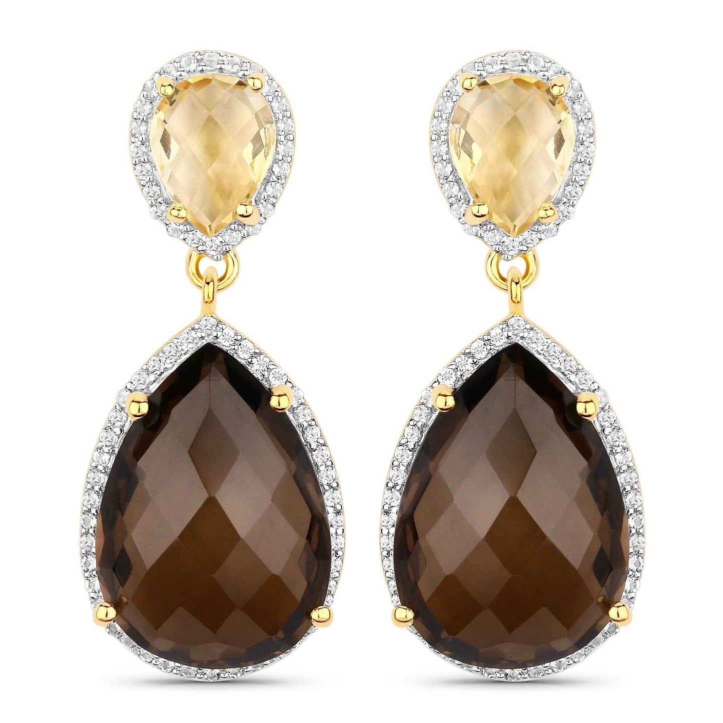 21.12 Carat Genuine Smoky Quartz, Citrine and White Topaz .925 Sterling Silver Earrings