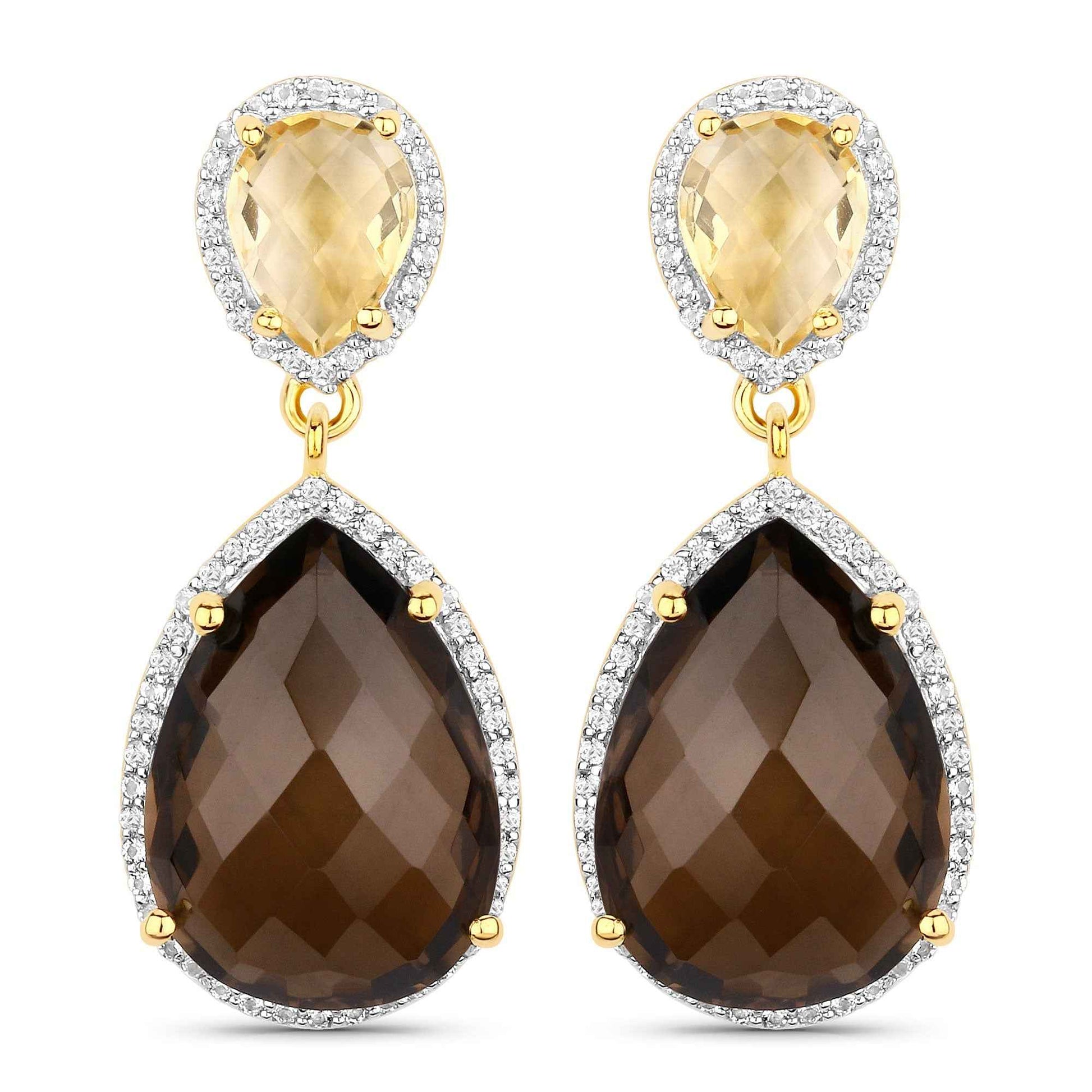 21.12 Carat Genuine Smoky Quartz, Citrine and White Topaz .925 Sterling Silver Earrings