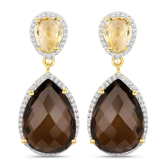 21.12 Carat Genuine Smoky Quartz, Citrine and White Topaz .925 Sterling Silver Earrings