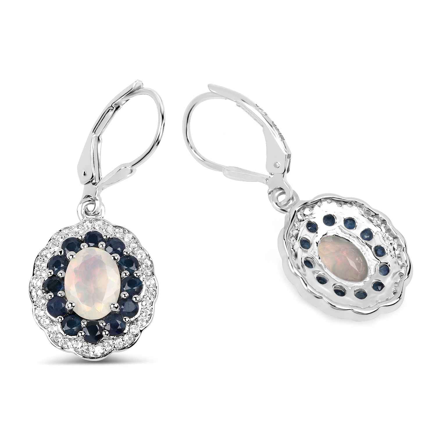 2.80 Carat Genuine Ethiopian Opal, Blue Sapphire and White Topaz .925 Sterling Silver Earrings