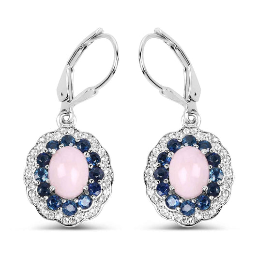 4.00 Carat Genuine Opal Pink, Blue Sapphire and White Topaz .925 Sterling Silver Earrings