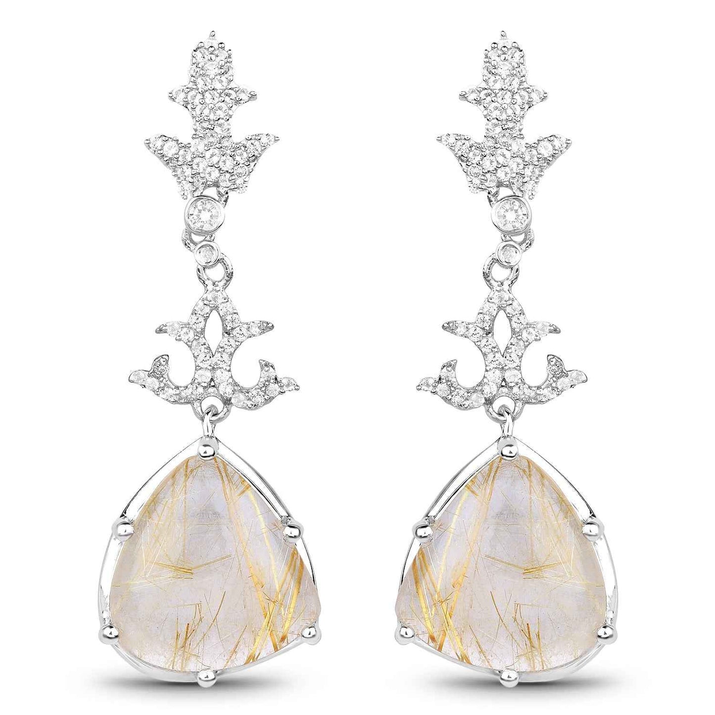15.97 Carat Genuine Golden Rutile And White Topaz .925 Sterling Silver Earrings